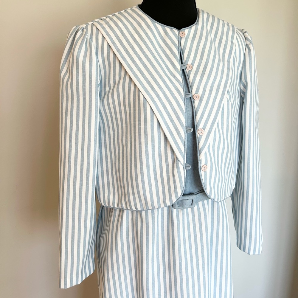 Vintage 2-Piece Blue & White Striped Dress Set (Jacket + Dress) – Size M